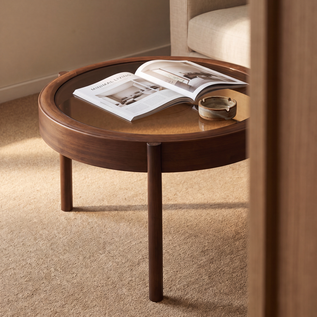 Round coffee table, glass top, 75 cm