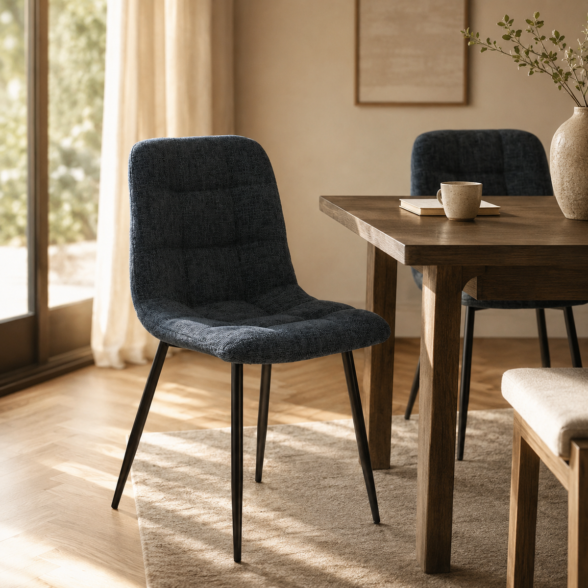 Silla de comedor tapizada, pata metálica