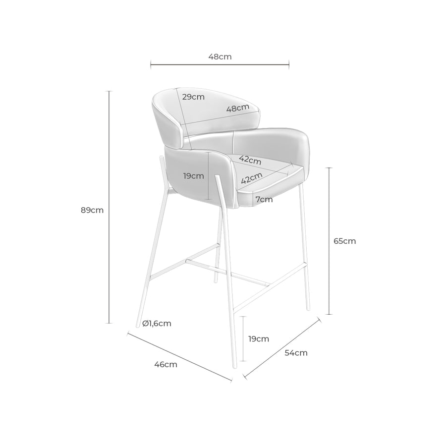 Taburete Aria, tapizado, patas de metal, asiento 65 cm