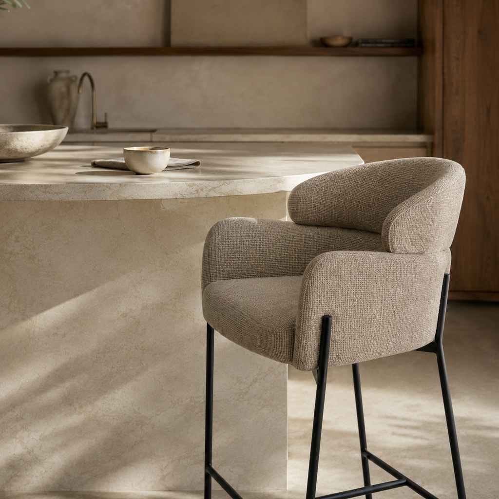 Low upholstered stool with backrest