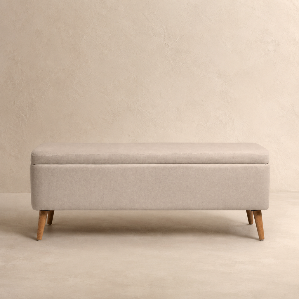 Banqueta tapizada con almacenaje, 120 cm