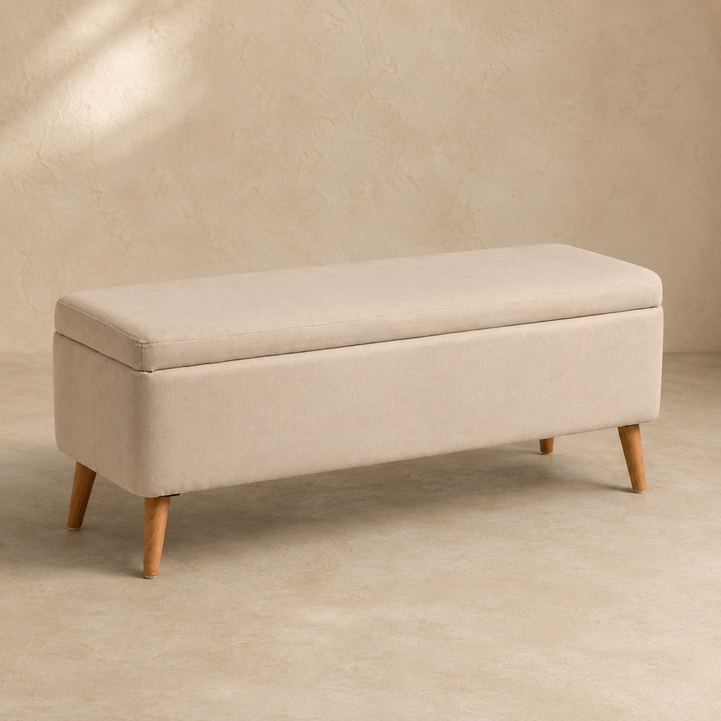 Banqueta tapizada con almacenaje, 120 cm