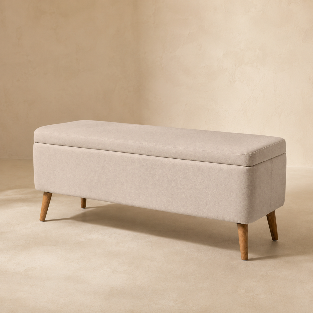 Banqueta tapizada con almacenaje, 120 cm