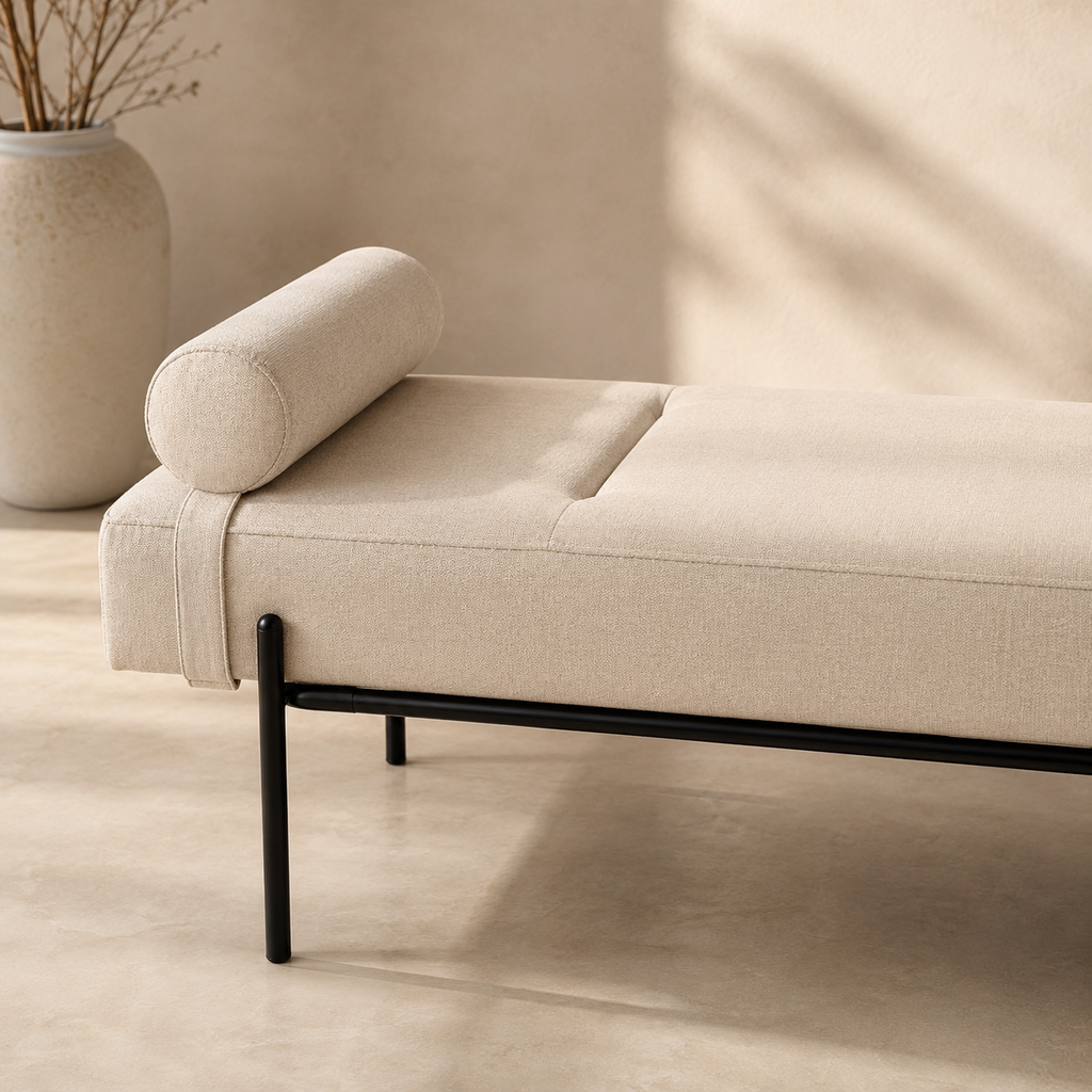 Banqueta tapizada, patas negras, 140 cm