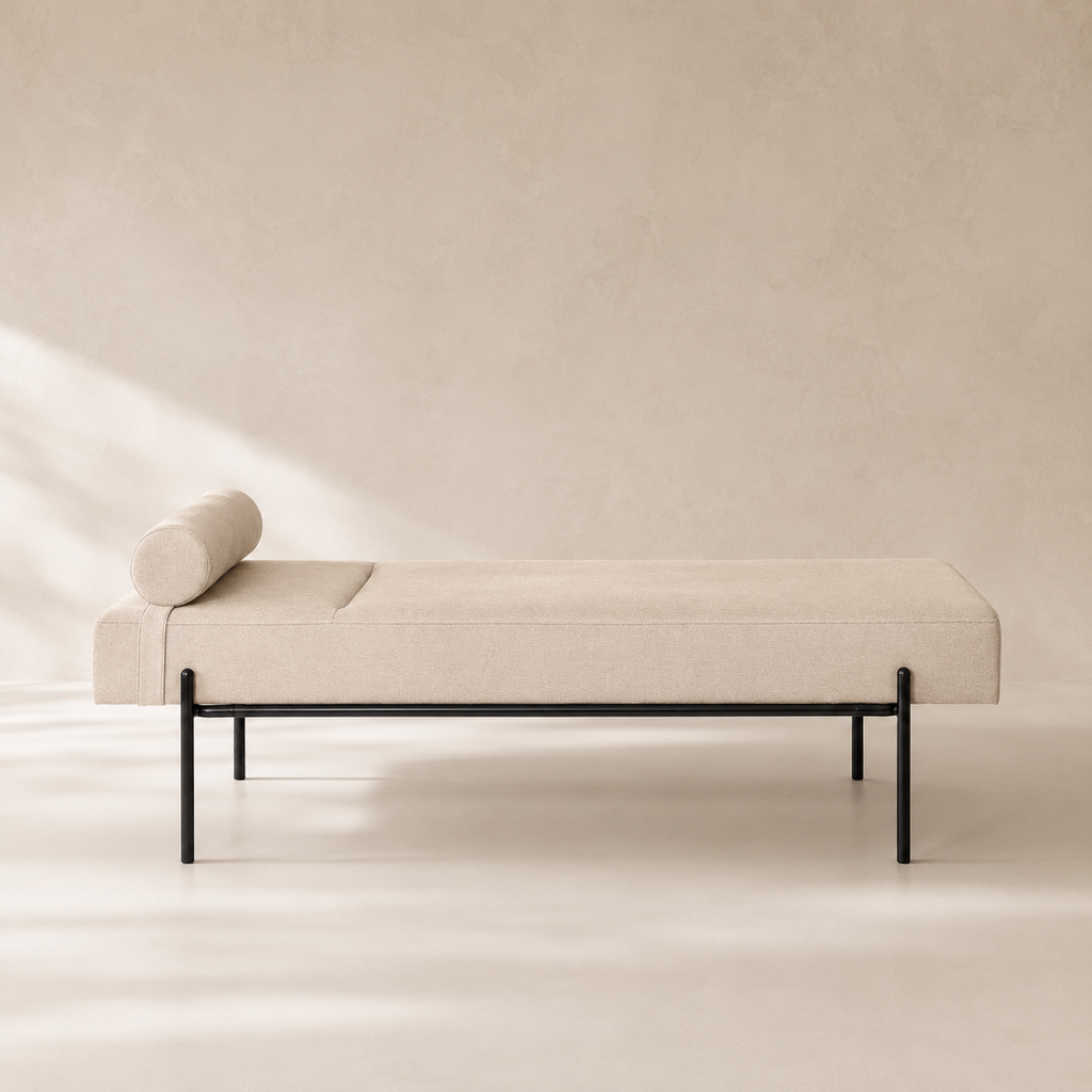 Banqueta tapizada, patas negras, 140 cm