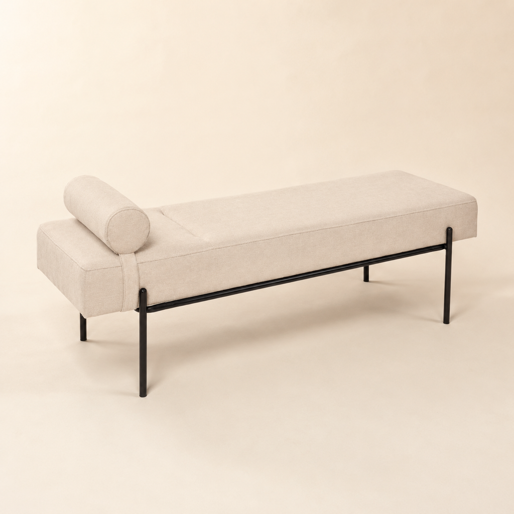 Banqueta tapizada, patas negras, 140 cm