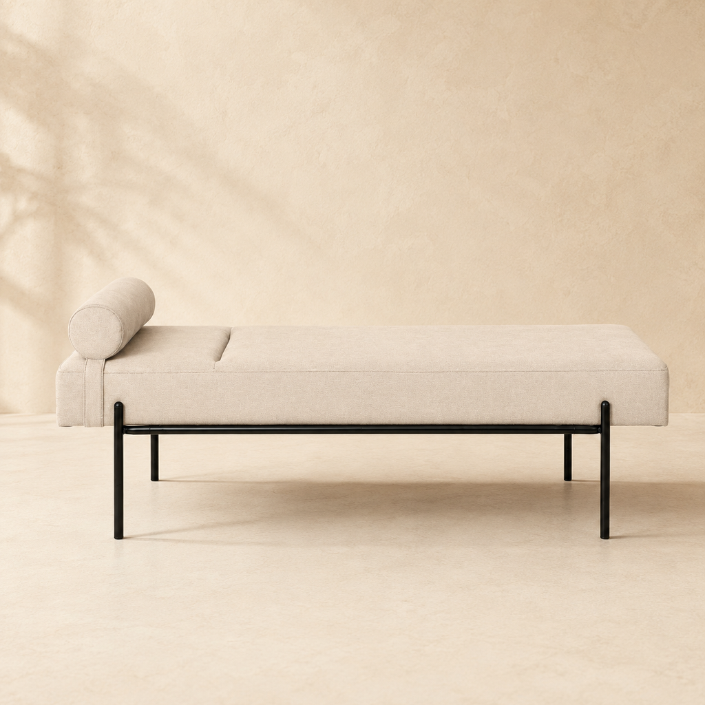 Banqueta tapizada, patas negras, 140 cm