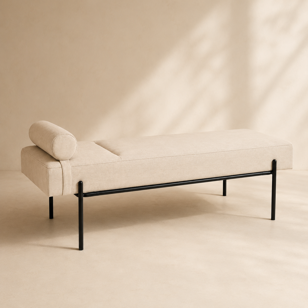 Banqueta tapizada, patas negras, 140 cm