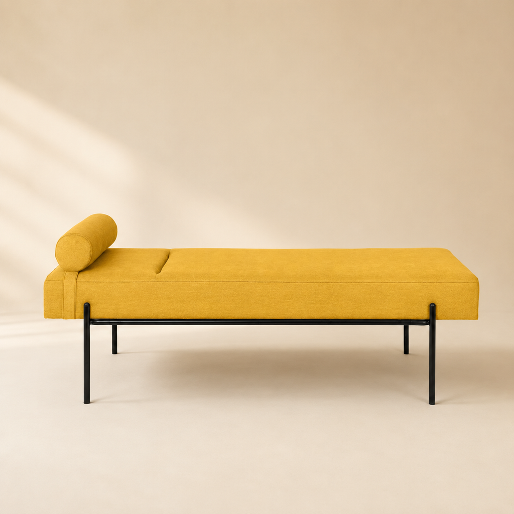 Banqueta tapizada, patas negras, 140 cm