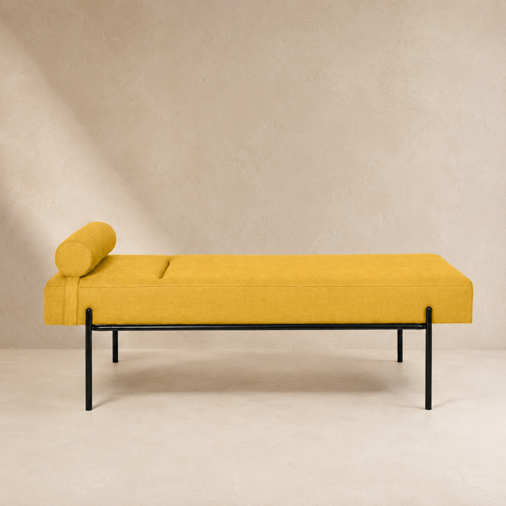 Banqueta tapizada, patas negras, 140 cm