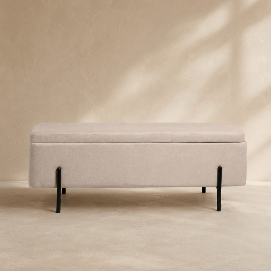 Banqueta tapizada con almacenaje, 120 cm