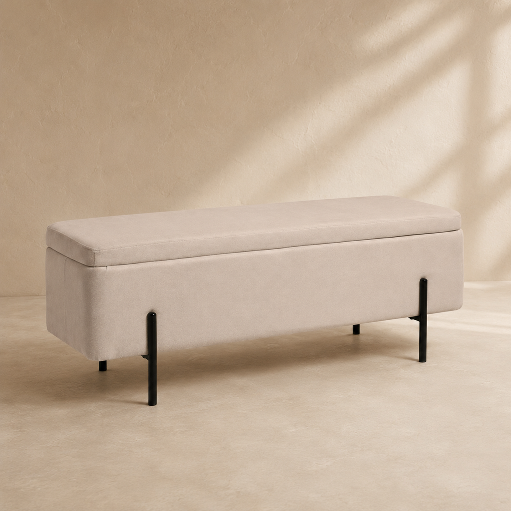 Banqueta tapizada con almacenaje, 120 cm