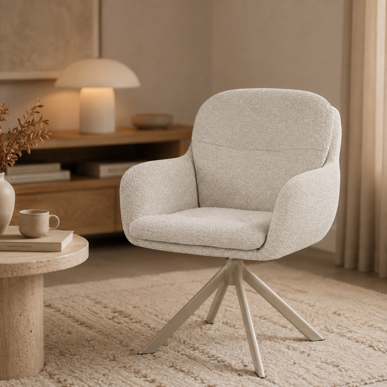 Silla Concha, tapizada, con reposabrazos, giratoria, patas de metal