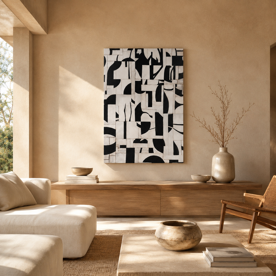 Geometric painting, multicolor frame, 80 × 120 cm