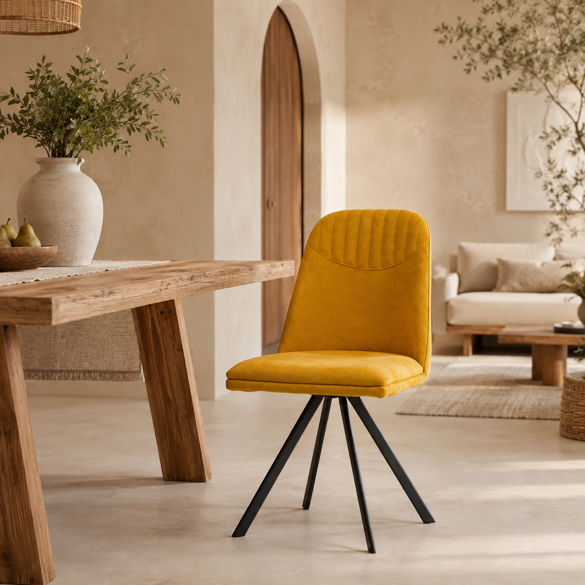 Silla de comedor tapizada, pata metálica
