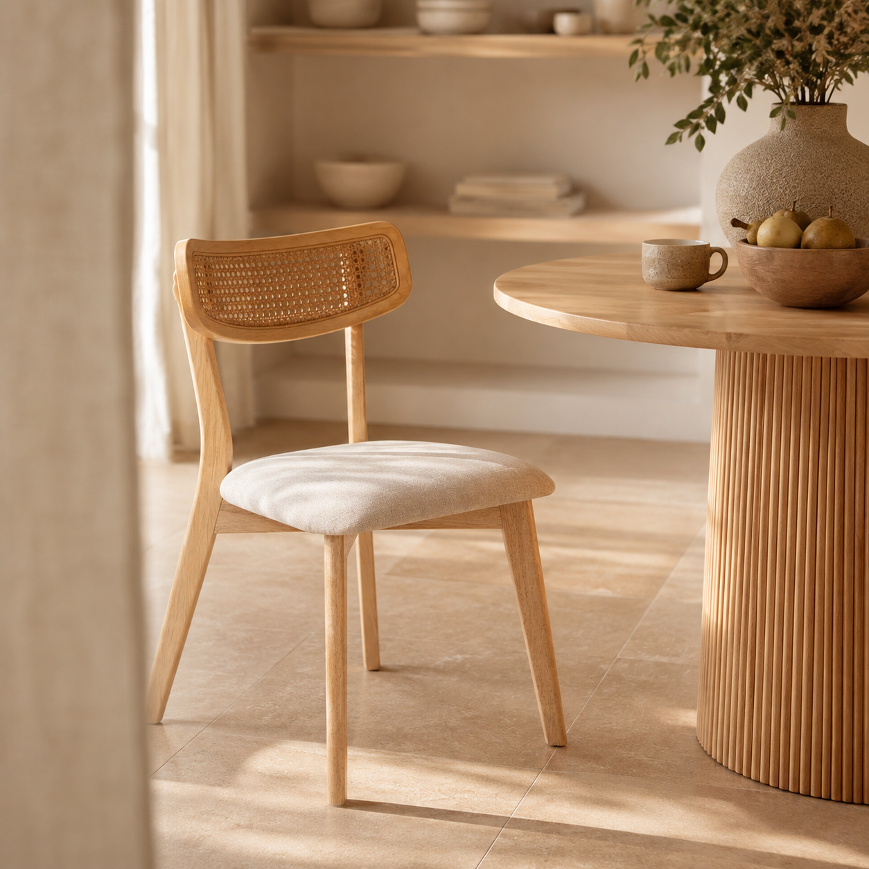 Silla Enebro, tapizada, patas de madera acabado roble