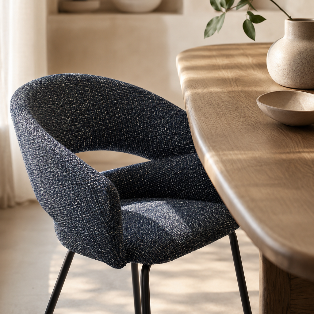 Upholstered dining chair with armrests, metal legs