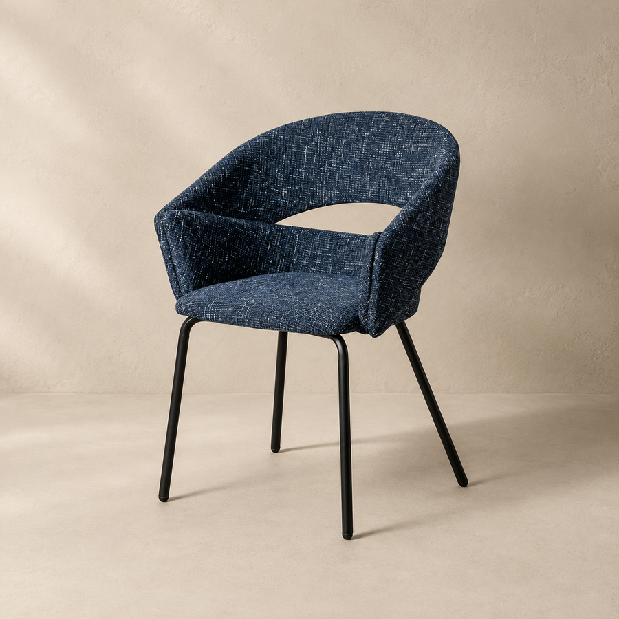 Upholstered dining chair with armrests, metal legs