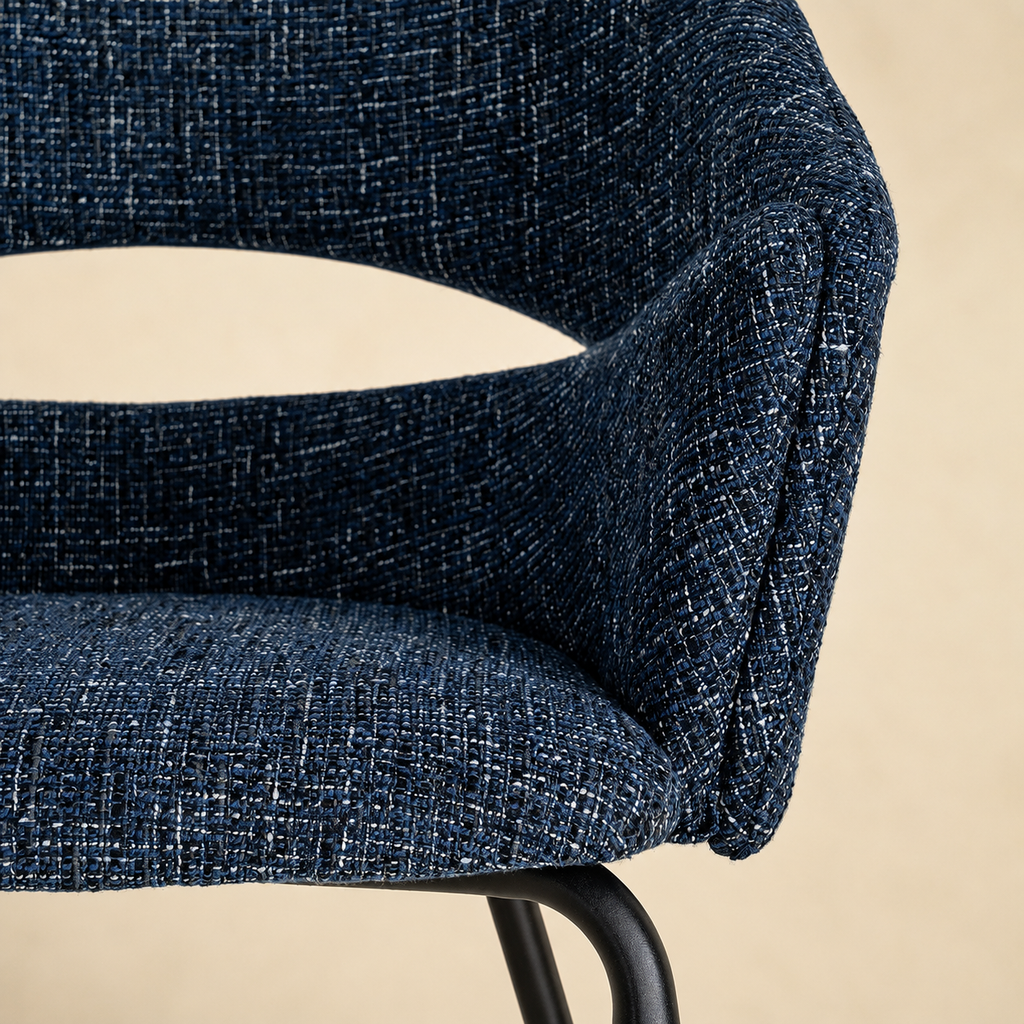 Upholstered dining chair with armrests, metal legs