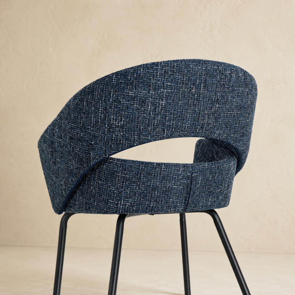 Upholstered dining chair with armrests, metal legs