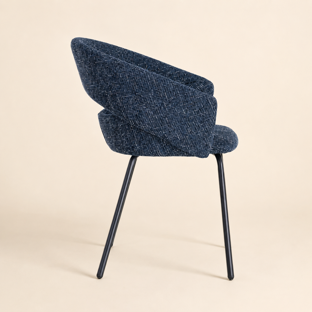 Upholstered dining chair with armrests, metal legs