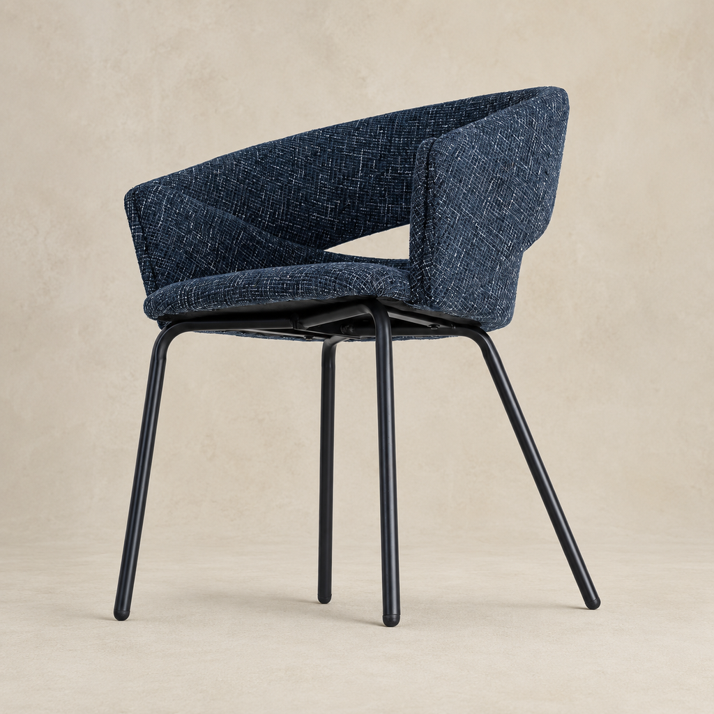 Upholstered dining chair with armrests, metal legs