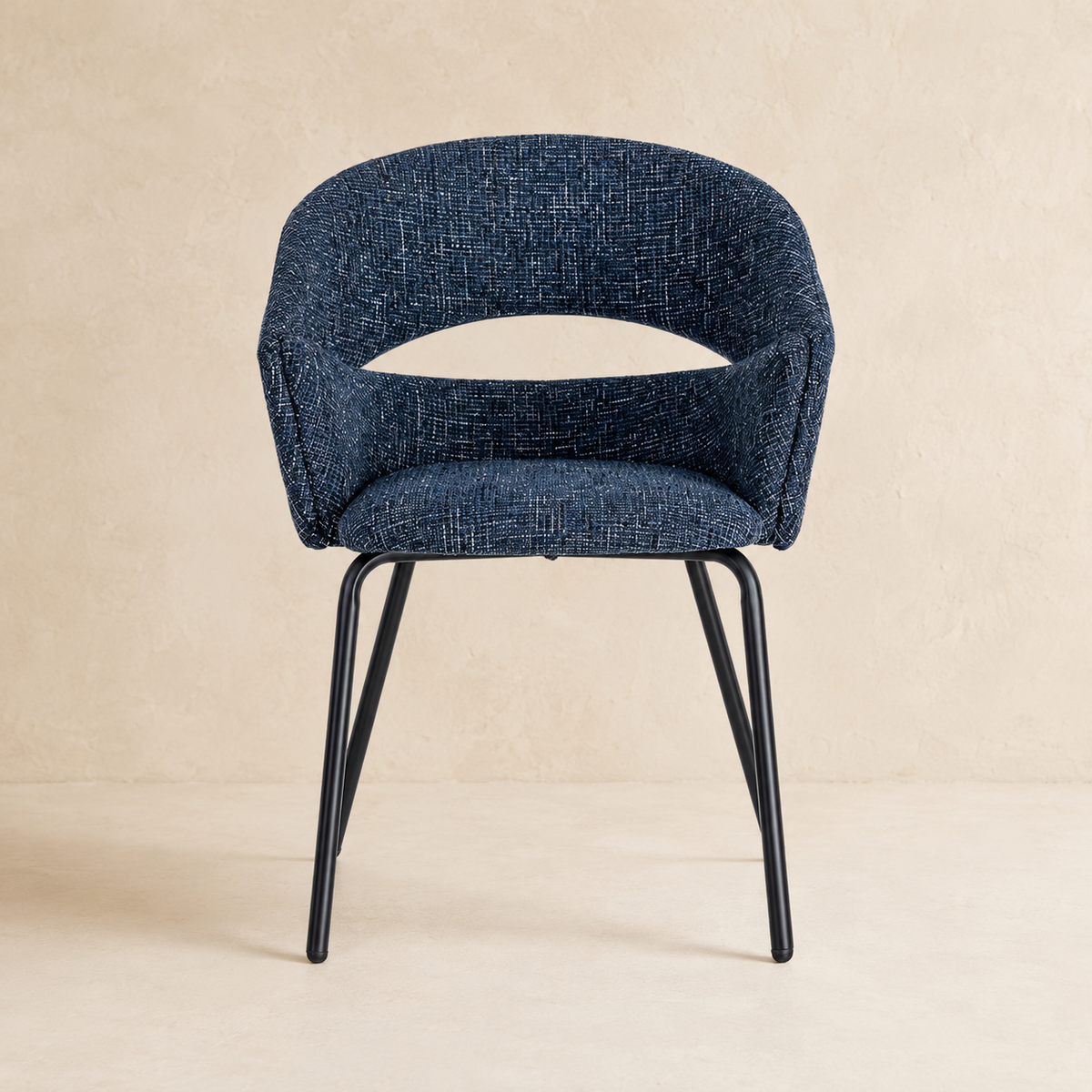 Upholstered dining chair with armrests, metal legs