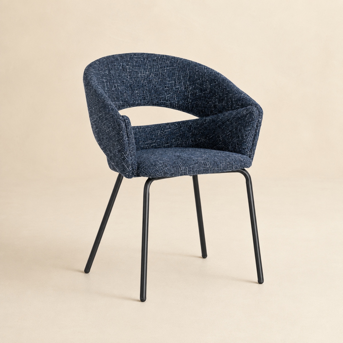 Upholstered dining chair with armrests, metal legs