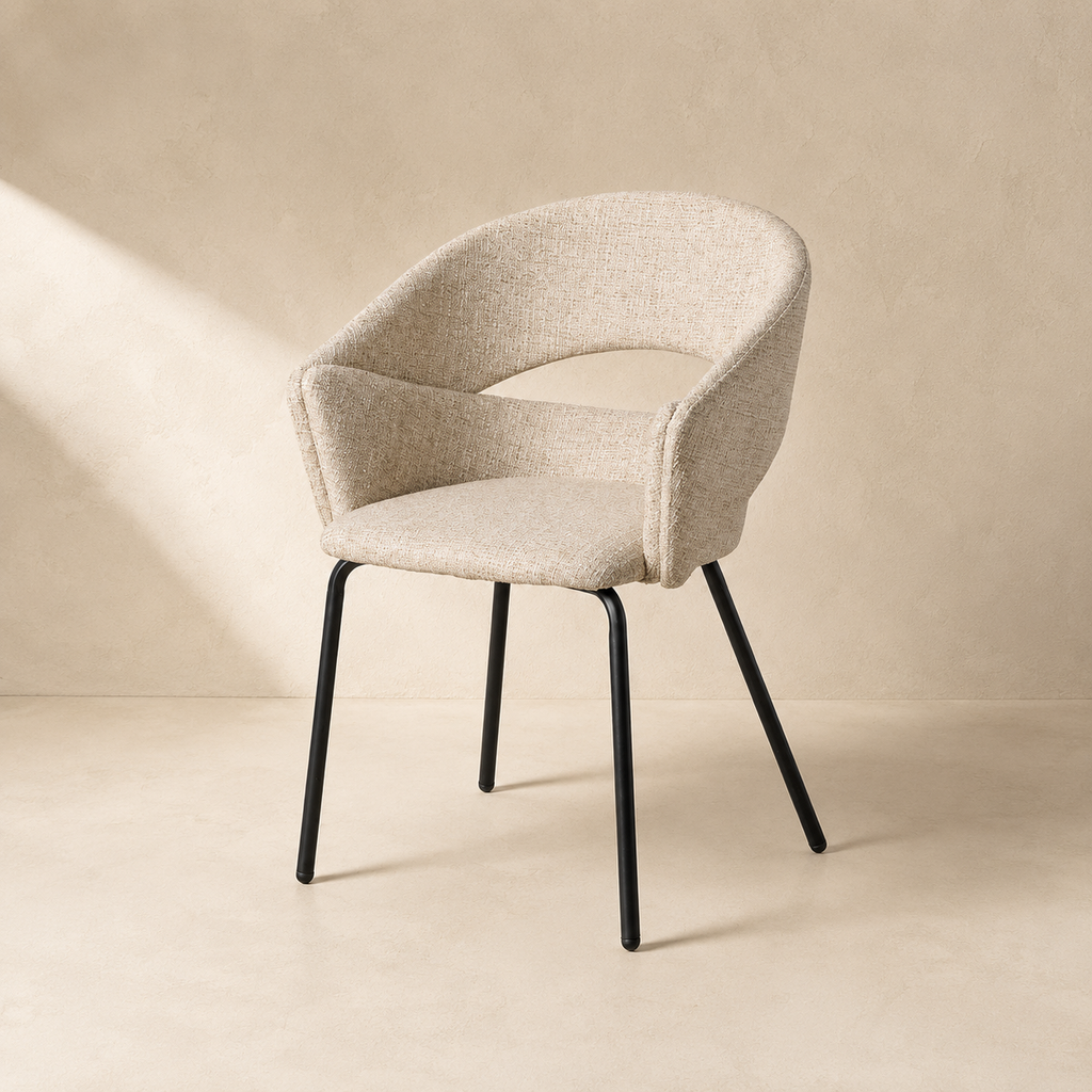 Upholstered dining chair with armrests, metal legs