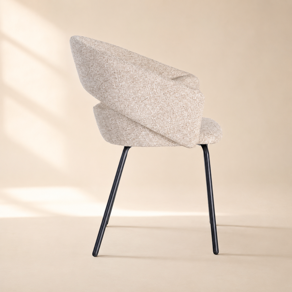 Upholstered dining chair with armrests, metal legs