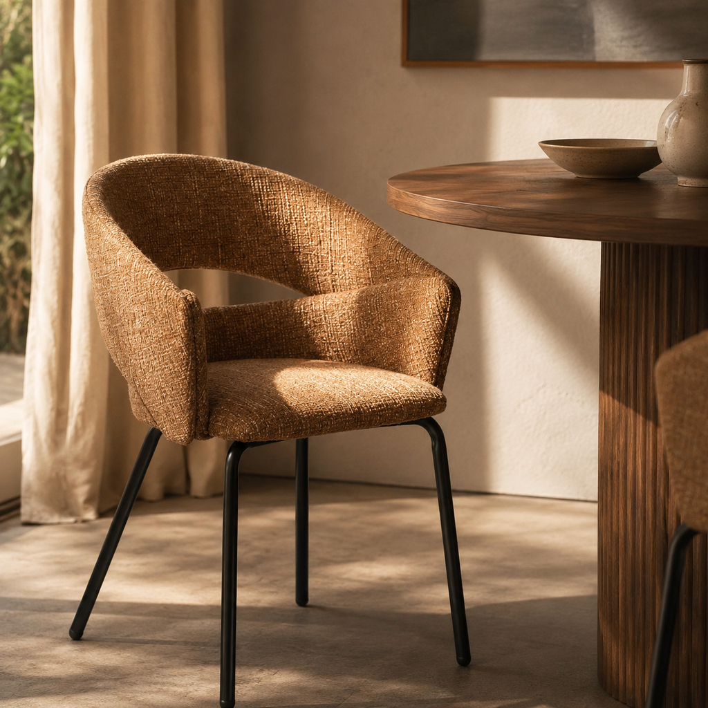 Upholstered dining chair with armrests, metal legs