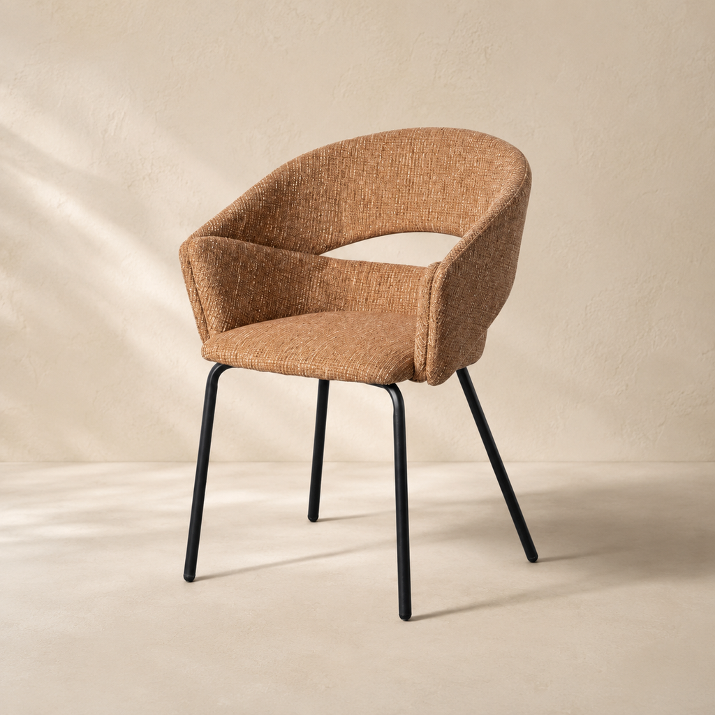 Upholstered dining chair with armrests, metal legs