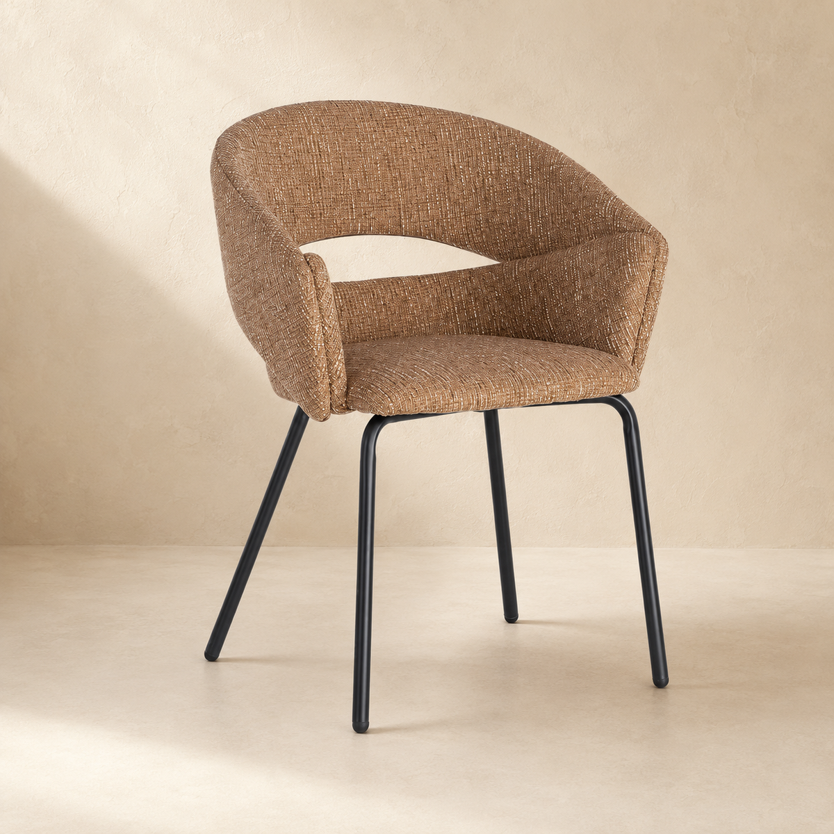 Upholstered dining chair with armrests, metal legs