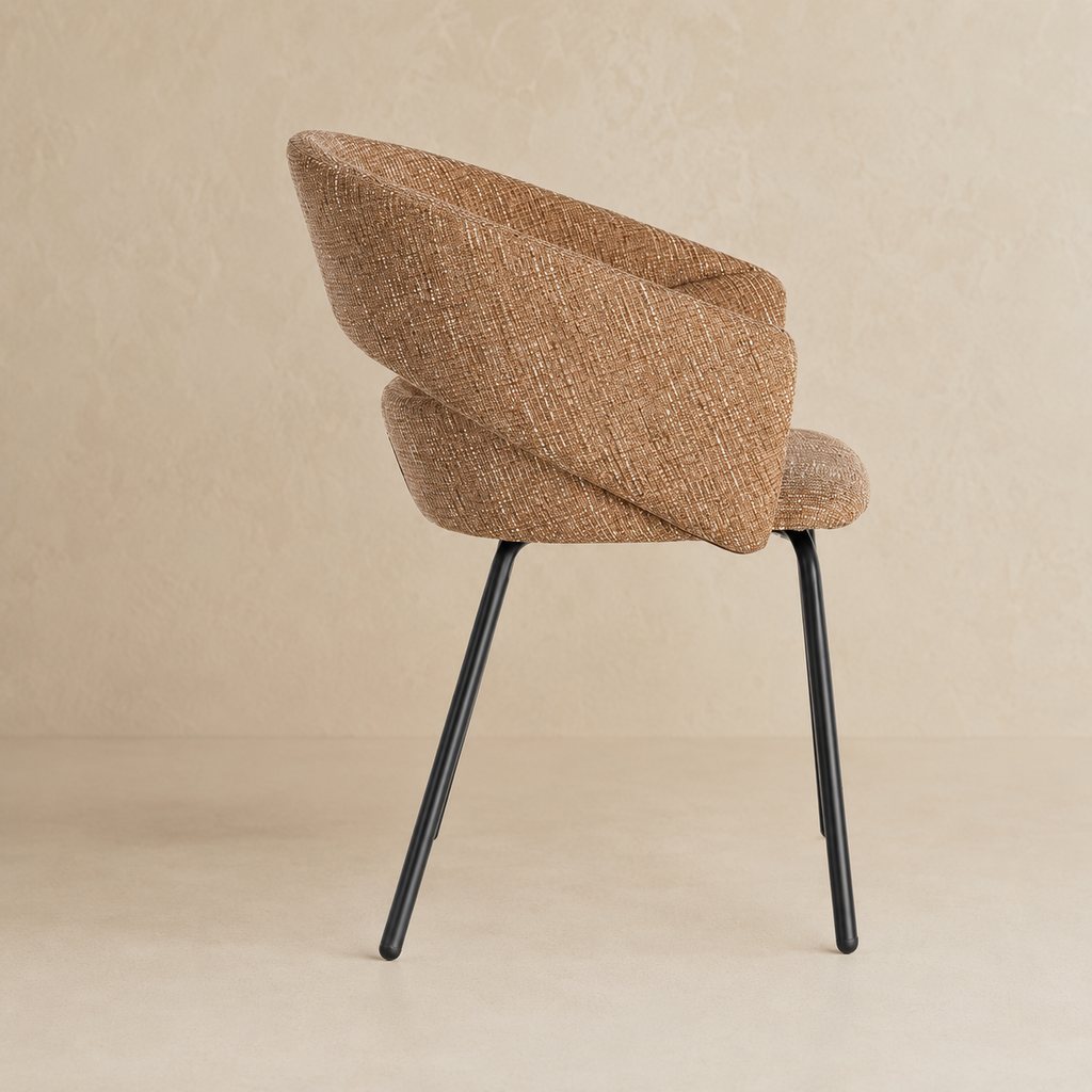 Upholstered dining chair with armrests, metal legs