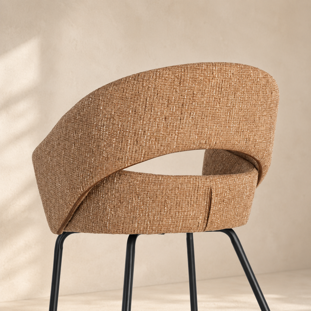 Upholstered dining chair with armrests, metal legs
