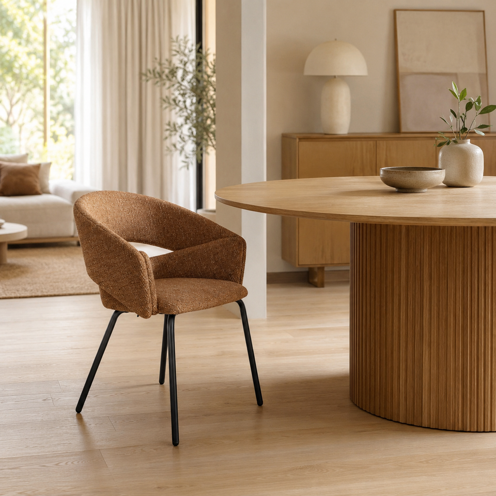 Upholstered dining chair with armrests, metal legs