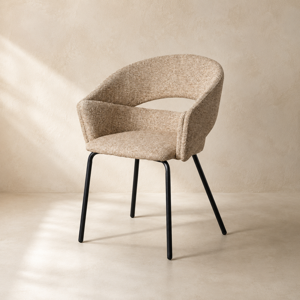 Upholstered dining chair with armrests, metal legs