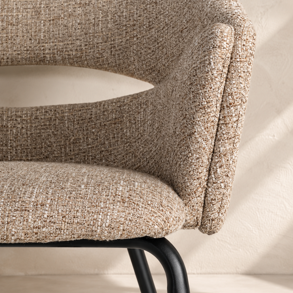 Upholstered dining chair with armrests, metal legs