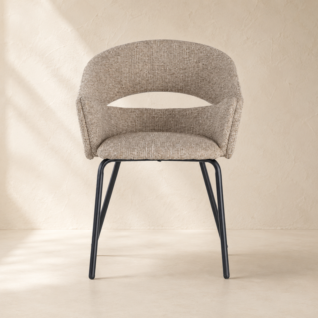 Upholstered dining chair with armrests, metal legs