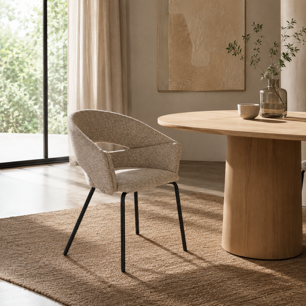 Upholstered dining chair with armrests, metal legs