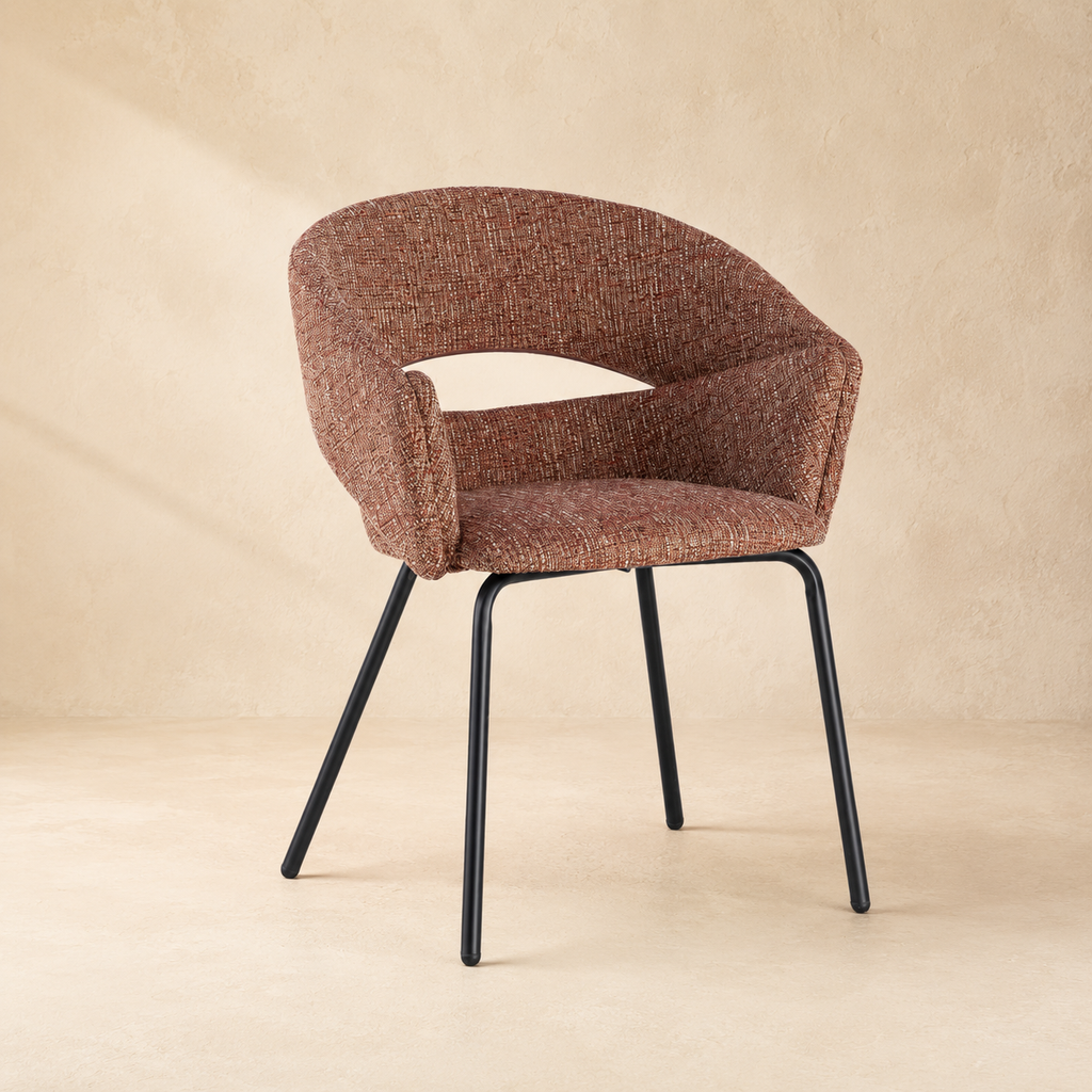 Upholstered dining chair with armrests, metal legs
