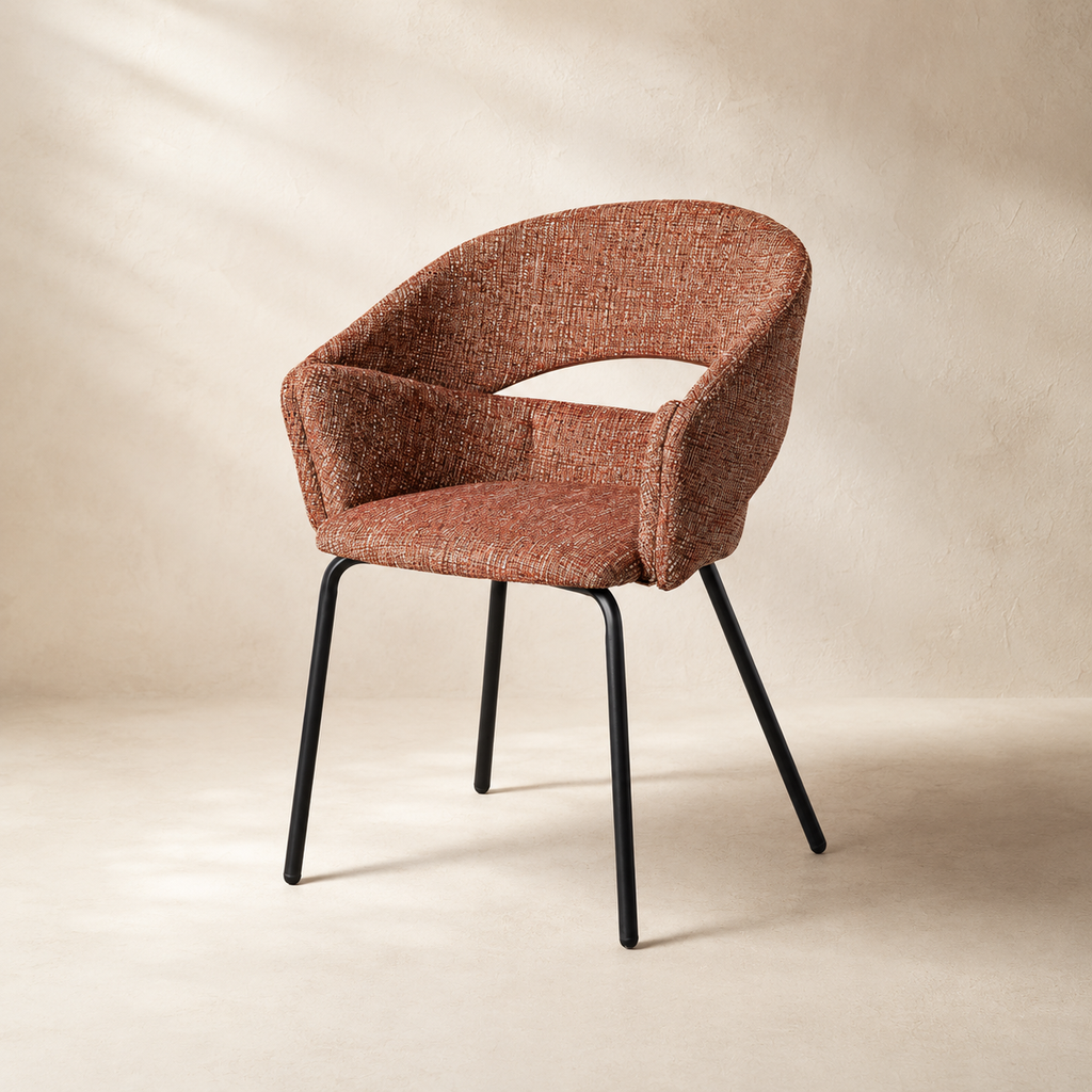 Upholstered dining chair with armrests, metal legs