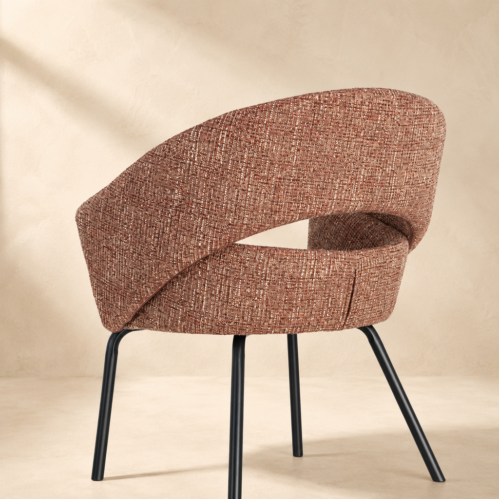 Upholstered dining chair with armrests, metal legs
