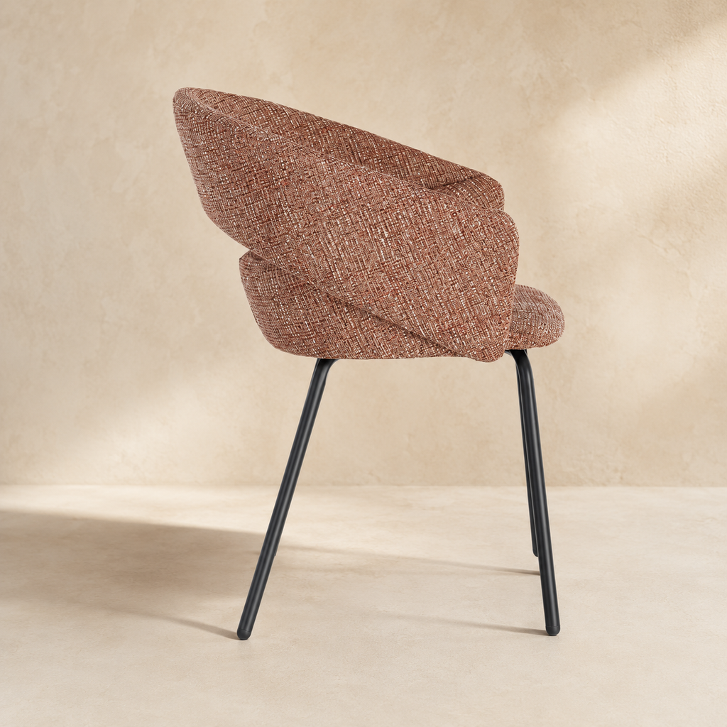 Upholstered dining chair with armrests, metal legs