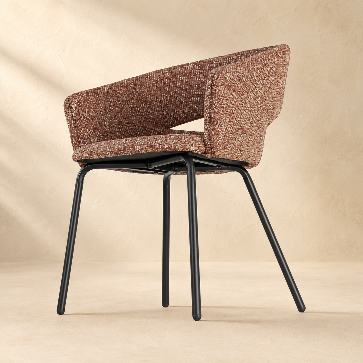 Upholstered dining chair with armrests, metal legs