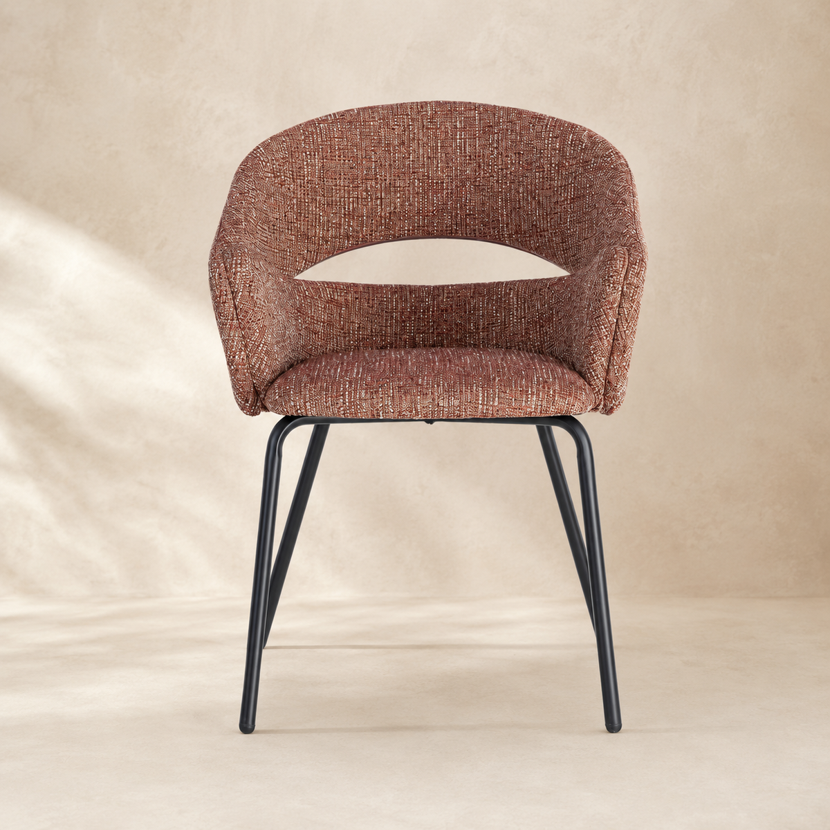 Upholstered dining chair with armrests, metal legs