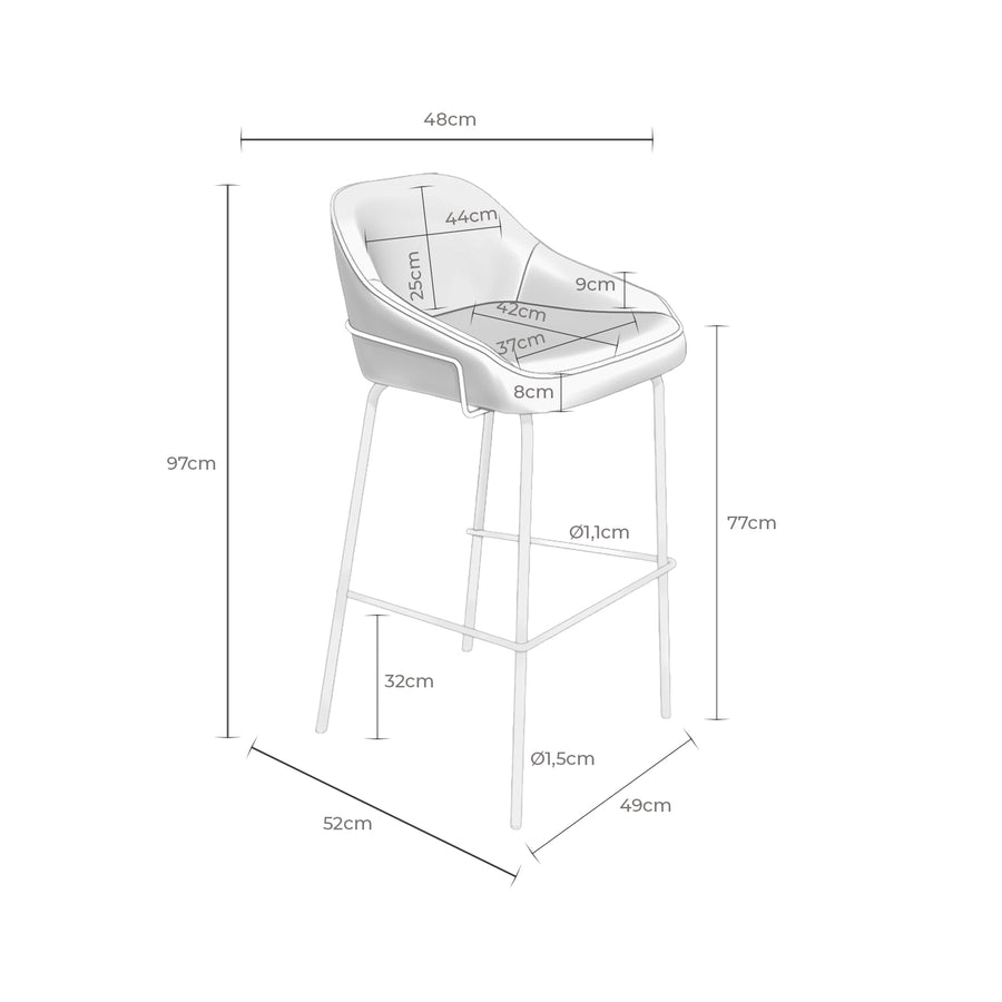 Taburete Jara, tapizado, patas de metal, asiento 78 cm