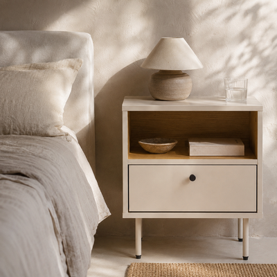 Mesita Coré 1 cajón y hueco, madera, 45 × 35 cm
