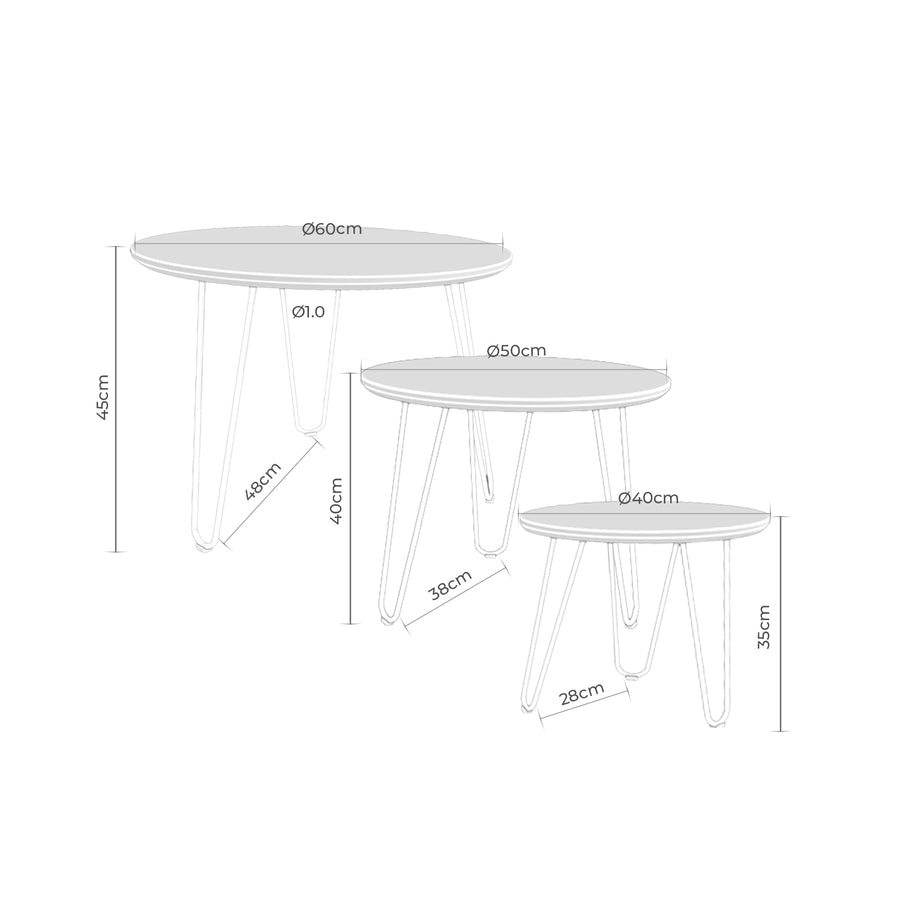 Set of 3 round wooden coffee tables, 60 cm
