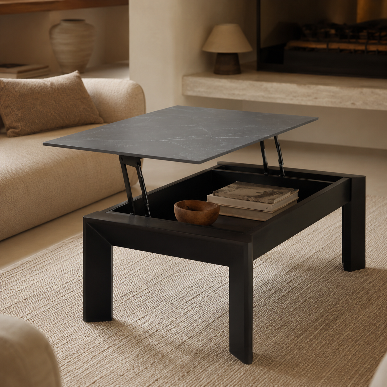 Mesa de centro elevable Marenia, porcelánico, 110 × 60 cm
